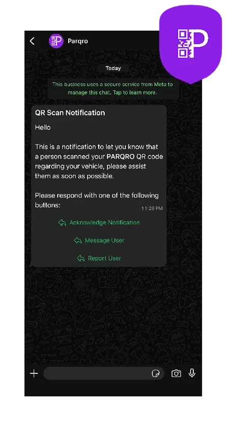 A phone displaying a WhatsApp conversation with a message from PARQRO.