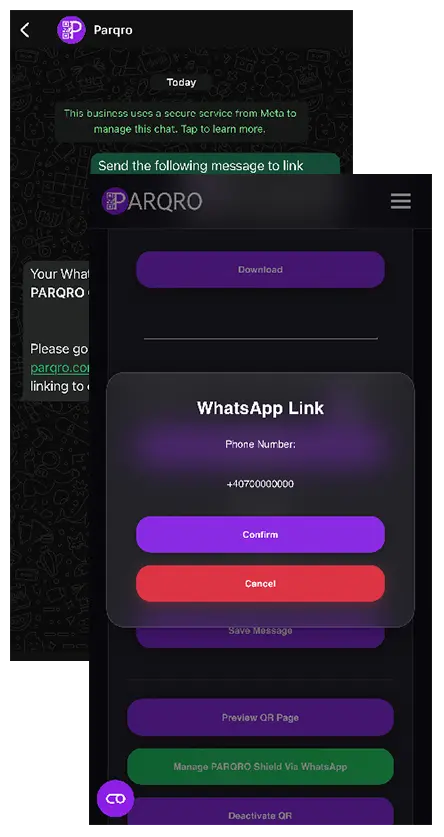 A phone displaying the PARQRO interface to link a WhatsApp number.