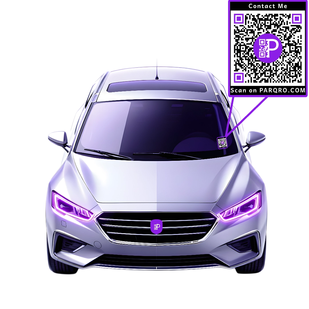 A PARQRO QR code sticker on a car's windshield, demonstrating the product in context