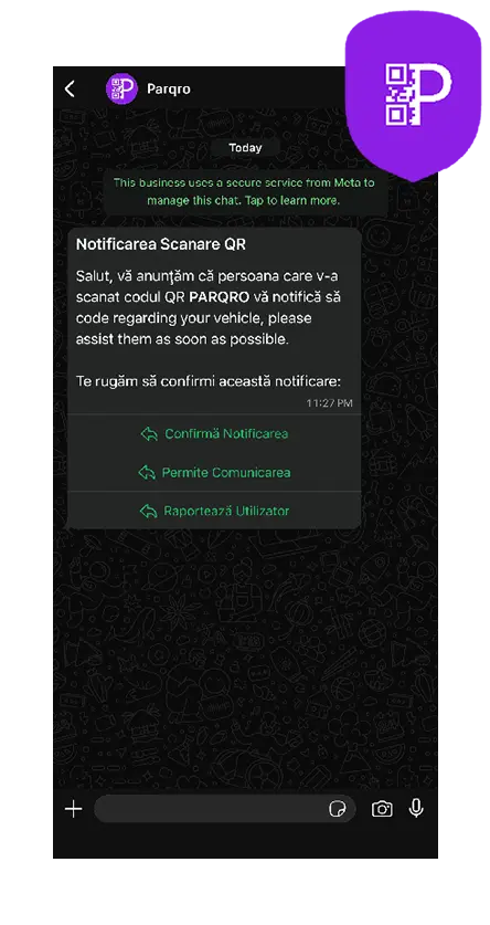 Un telefon afișând o conversație WhatsApp cu un mesaj de la PARQRO.