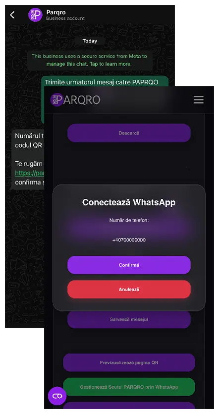 Un telefon afișând interfața PARQRO pentru a conecta un număr WhatsApp.