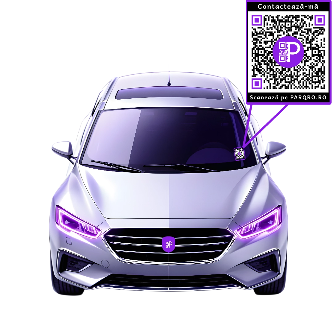 Un autocolant cu cod QR PARQRO pe parbrizul unei mașini, demonstrând produsul în context
